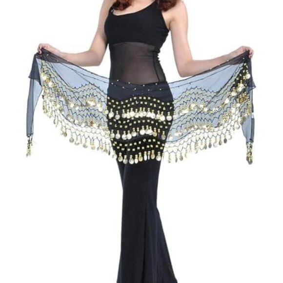 Women's Belly Dance Hip Scarf with 128 Gold Coins Black Skirt for Zumba or Yoga - Picture 3 of 7